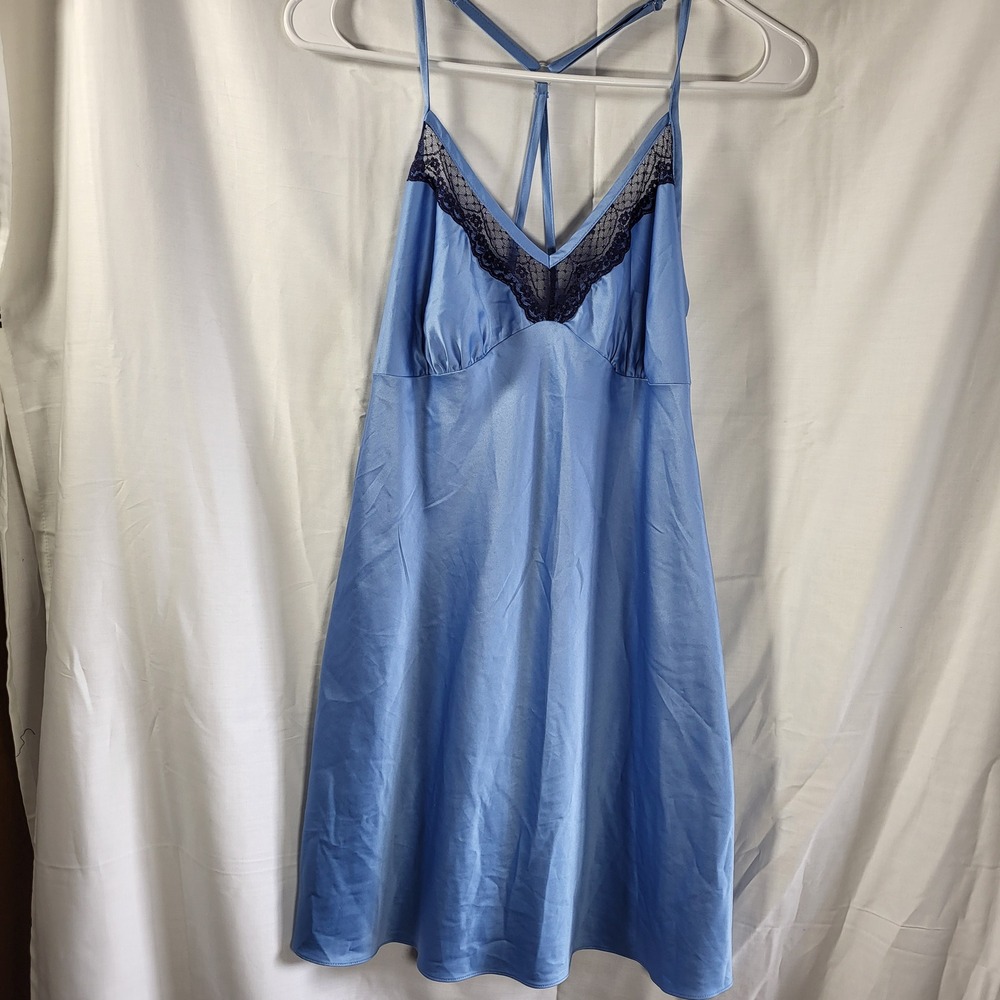 Secret Treasures Blue Satin Lace T-Back Chemise Nightgown S 4-6